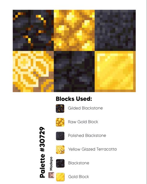 Gold Yellow Minecraft Block Palette including gilded blackstone, raw gold block, polished blackstone, yellow glazed terracotta, blackstone, and gold block. golden dark black mcyt aesthetic underground mining cave caving blocks palettes Minecraft Palates, Minecraft Palettes, Minecraft Block Palette, Mcyt Aesthetic, Yellow Minecraft, Block Pallets, Underground Mining, Raw Gold, Minecraft Blocks