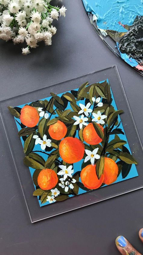 Orange Acrylic Painting Ideas, Orange Fruit Painting Acrylic, Acrylic Orange Painting, Orange Painting Acrylic, Painting On Glass Sheet, Painting On Acrylic Sheets, Paint On Acrylic Sheet, Acrylic Sheet Art, Orange Painting Ideas