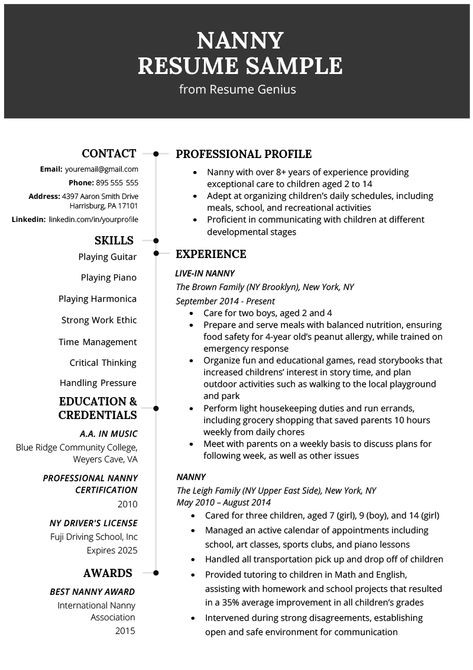 Nanny Resume Example & Writing Tips | Resume Genius Nanny Resume Skills, Nanny Resume Example, Nanny Cv Template, Daycare Templates, Nanny Resume, Nanny Job Description, Job Affirmations, Nanny Job, Job Preparation