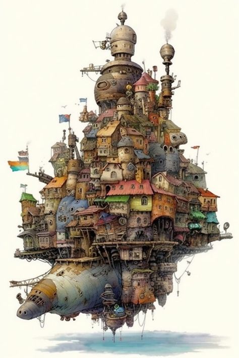 Steampunk Floating City, Medieval Steampunk City, Flying Castle, Steampunk Building, Gravity Art, Snail Sculpture, Environment Sketch, Steampunk City, Steampunk Artwork