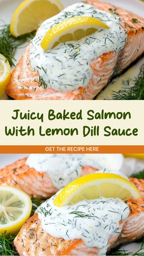 Indulge in a delectable dish of baked salmon with lemon dill sauce that is bursting with bright and fresh flavors. This recipe combines the rich, tender salmon with the zesty tang of lemon and the aromatic hint of dill for a mouthwatering experience. Whether you are hosting a dinner party or simply treating yourself to a gourmet meal, this baked salmon is sure to impress and satisfy your taste buds. Lemon Salmon Recipes Baked, Salmon With Lemon Dill Sauce, Lemon Salmon Recipes, Dill Salmon Recipes, Baked Salmon With Lemon, Lemon Dill Salmon, Dill Sauce For Salmon, Baked Salmon Lemon, Best Salmon Recipe