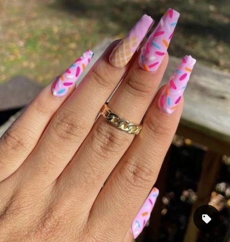 Pastel Nails Coffin Design, Sweet One Nails, Summer Nails Coffin Medium, Candy Theme Nails, Ice Cream Nails Designs, Candy Nails Designs, Popsicle Nails, Ice Cream Nail Art, Sprinkle Nails