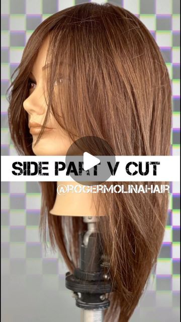 Roger molina on Instagram: "SIDE PART V HAIRCUT TUTORIAL Save/share? 🤜 • TECHNICAL BREAKDOWN  • BASELINE Begin with setting in part then cut base line into a strong V.  I like to do dry myself. After flat ironing.  Let the hair fall into place.  • FRINGE I Set guide a chin to start. But shortened to 🫦lip. Ask the client for specific reference.  Set angle from there to length. Taking diagonal parting Overdirect to opposite side at 45 degrees diagonal,cut diagonal. I point cut for texture but blunt works too.  • LAYERING Continue past fringe area continuing into top and crown area w diagonal sections and diagonal cut line. End at round of the head. *shorter layer lengths may  end before round. Mine was rather long.  Don’t layer bottom if you want to keep strong V.  If tons of hair you can Side Fringe Haircut, V Cut Hair With Layers, V Haircut With Layers, Layered V Cut Hair, V Haircut, V Cut Hair, Shoulder Haircut, V Hair, Keep Strong