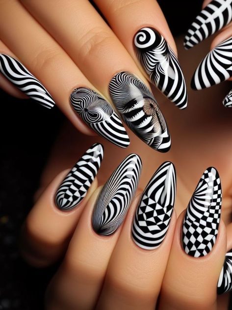 A bold black and white nail design inspired by optical illusions, with mesmerizing patterns that play tricks on the eyes. Black And White Nail Design, Bb Nails, White Nail Design, Black And White Nail, Black And White Nail Designs, Black Nail Designs, White Nail Designs, White Nail, Nail Patterns