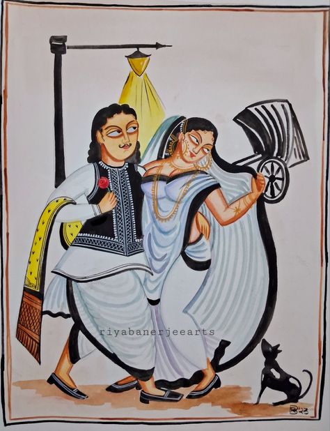 Kalighat Pattachitra Kalighat Paintings Folk, Bengali Paintings, Cancan Saree, Kalighat Paintings, Groom Cartoon, Jamini Roy, Bride And Groom Cartoon, Ganesh Art Paintings, Bengali Art