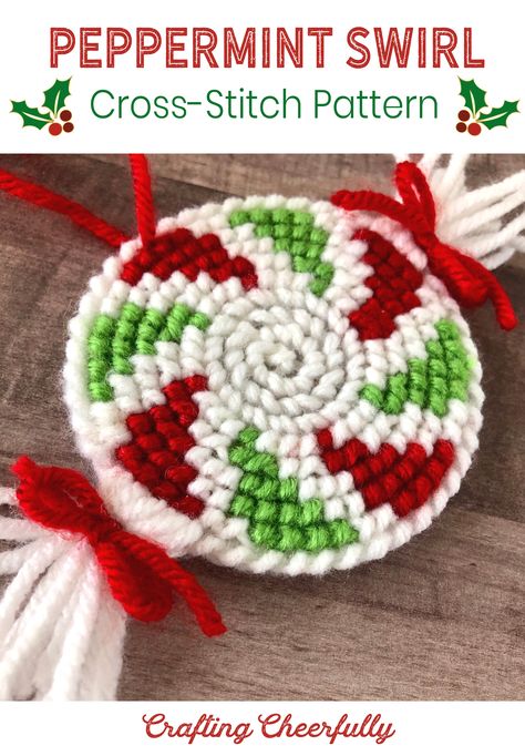 Create a cute Peppermint Swirl Candy with this new cross-stitch pattern! Created with yarn and a round plastic canvas, these peppermints make the sweetest ornaments, gift tags, banners or even coasters! Plastic Canvas Cross Stitch, Diy Christmas Box, Plastic Canvas Cross, Canvas Cross Stitch, Peppermint Ornament, Christmas Card Ornaments, Plastic Canvas Coasters, Plastic Canvas Ornaments, Candy Ornaments