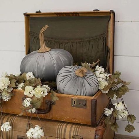 Modern Fall Living Room Decor, Vintage Fall Living Room, Harvest Home Decor, Earthy Fall Decor, Fall Store Display Ideas, Fall Antique Booth Displays, Fall Booth Displays Vintage, Fall Cottage Decor, Vintage Suitcase Decor