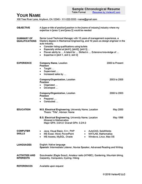 Free Chronological Resume (Example 2) (.pdf) from Vertex42.com Chronological Resume Template, Chronological Resume, Resume Examples, Resume Templates