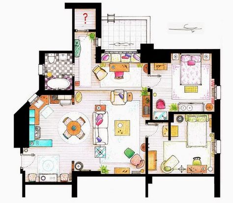 Monica and Rachel’s Apartment Tv Show House, Friends Apartment, Trendy Apartment, Apartment Plants, Apartment Floor Plan, Apartment Floor Plans, Sims House Plans, Sims House Design, Apartment Architecture