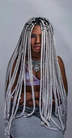 Blond Box Braids, Gray Braids, Medium Twist Braids, Jumbo Box Braids Styles, White Braids, Colored Box Braids, Big Box Braids, Blonde Box Braids, Short Box Braids