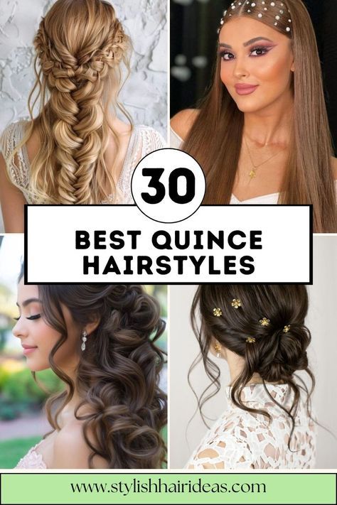 Turn heads at your quinceañera with these 30 elegant hairstyles! Perfect for adding charm, grace, and sophistication to your big day. #QuinceHairIdeas #CelebrationHair #StylishHairstyles Bautizo Hairstyle, Quince Guest Hairstyles, Quinceanera Mom Hairstyles, Quinceanera Hairstyles Shorthair, Special Event Hairstyles, Festival Hair Trends, Event Hairstyles, Up Hairdos, Quince Hairstyles With Crown