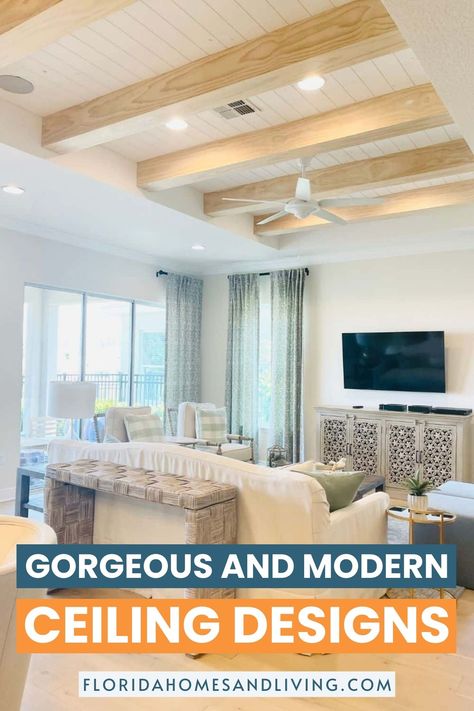 Transform your space with these 17 incredible ceiling design ideas that will take your breath away. From elegant coffered ceilings to modern exposed beams, discover the perfect inspiration for your dream home. Get ready to elevate your design game and create a statement-worthy space that will have everyone looking up in awe. Click through to explore these amazing ideas and bring your Pinterest boards to life! Ceiling Design Beach House, Modern Ceiling Design Luxury, Tray Ceiling With Beams, Coastal Ceiling, Beautiful Ceiling Designs, Ceiling Beams Living Room, Beams Ceiling, Basement Apartment Ideas, Open Concept Dining Room