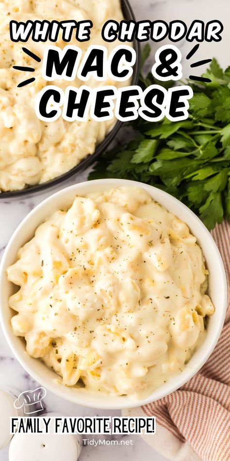 If what you’re craving is an indulgent White Cheddar Mac And Cheese that requires the most minimal effort, you’ve come to the right place! This easy recipe is basically pasta perfection with its perfectly tender noodles enveloped in the most irresistible creamy cheese sauce. PRINTABLE RECIPE at TidyMom.net Cheddar Mac And Cheese Recipe, White Cheddar Mac And Cheese, White Mac And Cheese, Main Dish Salad Recipes, Mac And Cheese Sauce, Easy Mac N Cheese, Creamy Cheese Sauce, Cheddar Mac And Cheese, Homemade Comfort Food