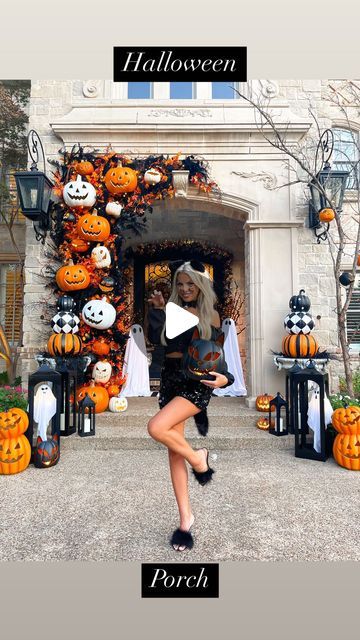 Macy Blackwell on Instagram: "Halloween Porch 2024!🎃✨ First spooky season in our house! We tried a new method of putting together our garland this year, will share the step by step tomorrow!!! 

#halloweenporch #halloweendecor #halloweenideas #pumpkingarland" Macy Blackwell Halloween, Macy Blackwell, Pumpkin Garland, Halloween Porch, Our House, Spooky Season, Halloween Decorations, This Year, Porch