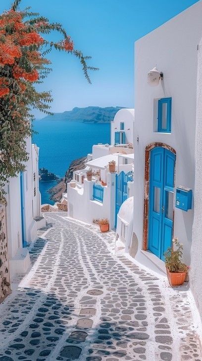 Greece White Buildings, Greece Blue And White, Blue And White Greece, Greece Buildings, Greece Room, Greece Houses, Santorini Greece Aesthetic, Greek Streets, Greece Images