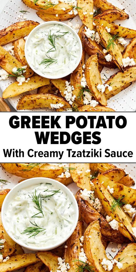 Greek fries with tzatziki sauce. Greek Veggie Side Dish, Side For Gyros, Best Greek Food Recipes, Greek Starters Appetizers, Sides For Gyros, Greek Snacks Appetizers, Side Dishes For Wraps, Gyro Sides, Unusual Dinner Ideas Recipes