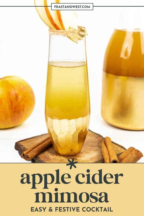 Pour a round of apple cider mimosas! These sparkling, bubbly cocktails feature spiced apple cider and a cinnamon sugar rim for the ultimate fall brunch drink. Serve it at Thanksgiving or Friendsgiving, or any other fall celebration! https://feastandwest.com/apple-cider-mimosa/ Sparkling Cider Cocktail, Fall Brunch Drinks, Cider Mimosa Recipe, Thanksgiving Apple Cider, Apple Cider Mimosa Recipe, Mimosa Ingredients, Cider Mimosa, Bubbly Cocktails, Pomegranate Mimosa