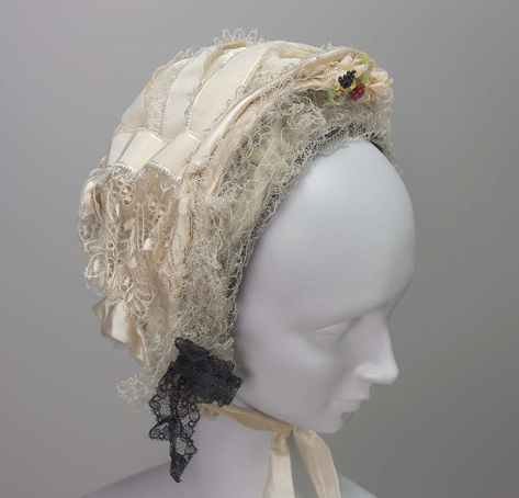 Woman's bonnet | Museum of Fine Arts, Boston Victorian Accessories, Lace Bonnet, Museum Of Fine Arts Boston, Bonnet Cap, Satin Ribbon Bow, Lace Silk, Silk Lace, Cream Silk, White Velvet