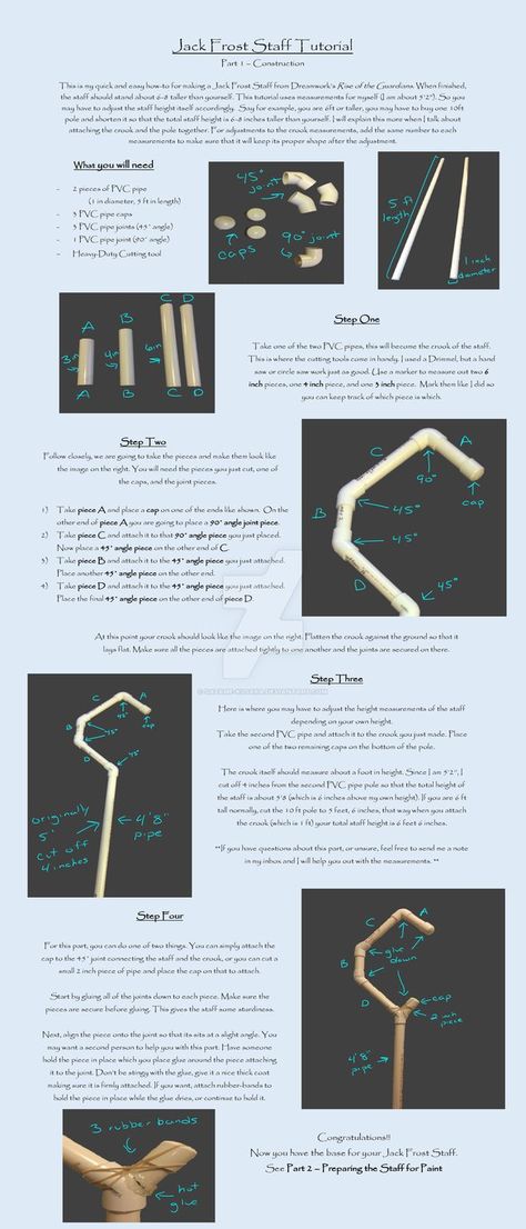 So I have been getting a lot of questions on how I made the Jack Frost Staff (not all of them on DA), and I was planning on perhaps selling it on etsy, but due to the work involved if I get more th... Jack Frost Staff, Cosplay Staff, Staff Tutorial, Jack Frost Costume, Jack Frost Cosplay, Diy Cosplay, Jack Frost And Elsa, Fitness Shirts, Rise Of The Guardians