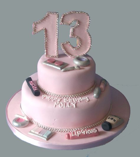 pink makeup 13 Birthday Cake For 13 Year Girl, Pink 13th Birthday Cake, 13 Th Birthday Cakes, 13th Birthday Cake Girl, Pink Birthday Cake Ideas, Barbie Themed Cake, Cakes For Teenagers, 13th Birthday Cake, Birth Cakes