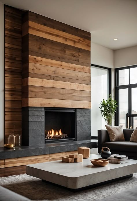 25 Fireplace Accent Wall Ideas to Create the Ultimate Cozy Corner Wood Wrap Fireplace, Fireplace With One Window On Side, Large Wall Fireplace Ideas, Fireplace That Sticks Out From Wall, Panel Above Fireplace, Industrial Modern Fireplace, Bench In Front Of Fireplace Living Rooms, Rustic Wood Burning Fireplace, Fireplace Wall Finishes