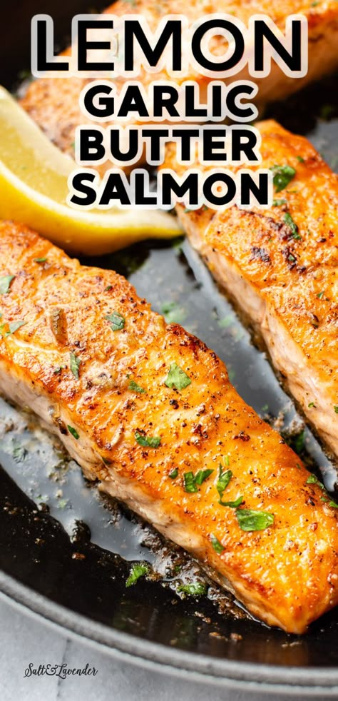 This lemon garlic butter salmon recipe is quick and has the juiciest pan fried salmon! This step-by-step recipe makes perfect salmon every time. Lemon Garlic Butter Salmon, Lemon Salmon Recipes, Salmon Steak Recipes, Fried Salmon Recipes, Salmon Recipes Baked Healthy, Recipes Salmon, Garlic Butter Salmon, Fish Dinner Recipes, Butter Salmon