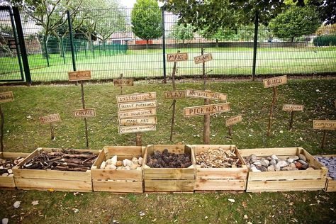 Outdoor Reading Area School, Forest School Storage, Natural Preschool Playground, Opal Playground, Montessori Outdoor Environment, Daycare Backyard, Loose Parts Play Outdoor, Windy Forest, Outside Classroom