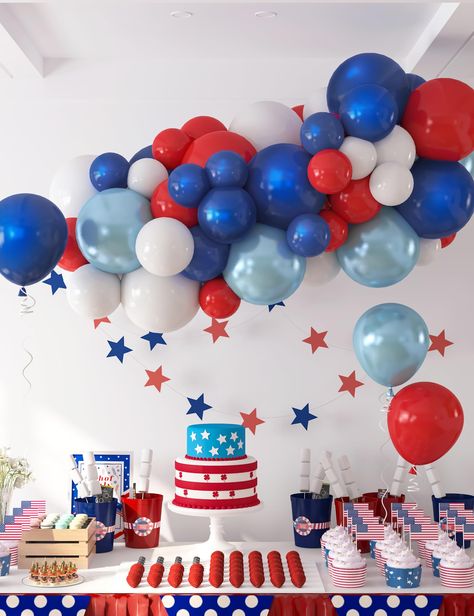 PRICES MAY VARY. 💙【Patriotic Balloon Garland】 The 4th of July balloon arch kit includes 58pcs of high-quality balloons in navy blue, red, white, and pearl light blue, along with 2pcs 260 balloons, 60 dot glue, 6pcs hooks, and 1 roll of ribbon - all you need to create a stunning Independence Day balloon garland arch! 💙【Premium Quality of Independence Day Balloon Arch】 Our red white and blue balloons arch are made of high-quality latex. Durable and safe for a long time. And the red white blue ba 4th Of July Birthday Party Ideas Table Decorations, White And Blue Balloon Garland, 260 Balloons, Red White Blue Party, Blue Balloon Garland, Homecoming Floats, Balloons Arch, Baseball Theme Party, Pearl Light