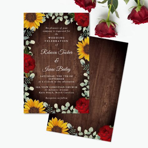 Sunflowers Eucalyptus Red Rose Wood Budget Wedding #zazzle #weddinginvitations #birthdayinvitations #babyshowerinvitations #zazzleinvitations #monogram #businesscards #graduation #homedecor Red And Yellow Wedding Theme, Sunflower And Rose Wedding, Red Rose Wedding Theme, Red Roses And Sunflowers, Fall Sunflower Weddings, Sunflower Weddings, Rose Wedding Theme, Small Outdoor Wedding, Yellow Wedding Theme