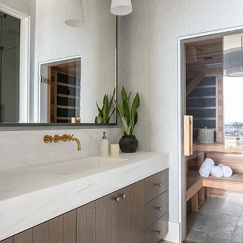 White and Gold Bathroom with Marble Herringbone Floor - Transitional - Bathroom Grey Powder Room, Marble Herringbone Floor, Brooke Wagner, Vintage Faucet, Painted Staircases, Cambridge House, Marble Bath, Powder Room Design, Transitional Bathroom