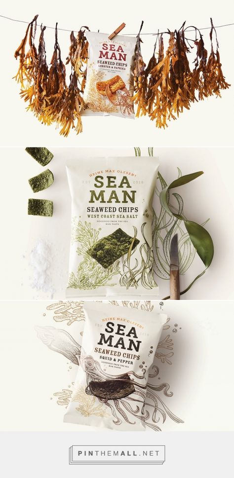 Pearlfisher Copenhagen Designs Innovative New Challenger Brand, Sea Man Seaweed Chips | Dieline - created via https://pinthemall.net Seaweed Photography, Seaweed Packaging, Sea Snacks, Seaweed Chips, Sea Man, Chips Packaging, Best Packaging Design, Healthy Noodles, Chip Packaging