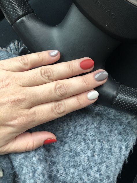 Red Grey White Nails, Scarlet And Grey Nails, Grey Red Nails, Red Grey Nails, Red Gray Nails, Muted Red Nails, Gray And Red Nails, Grey And Red Nails, Red And Gray Nails