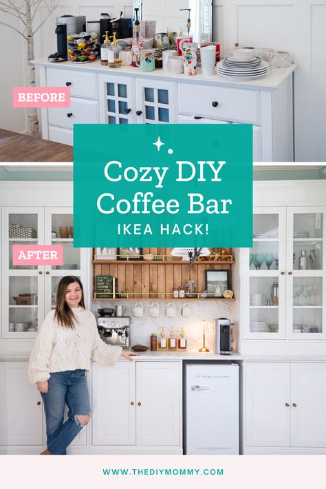 How I Created My Dream DIY Coffee Bar with an Epic IKEA Hack | The DIY Mommy Ikea Billy Bookcase Coffee Bar, Ikea Coffee Bar Cabinets, Ikea Coffee Nook, Billy Bookcase Coffee Bar, Ikea Hack Coffee Bar, Ikea Coffee Bar Hack, Kallax Coffee Bar, Coffee Bar Ikea, Ikea Coffee Bar