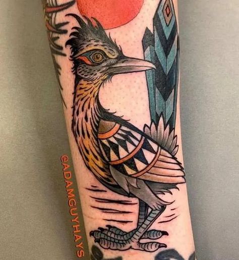 Road Runner Drawing, Road Runner Tattoo, Desert Tattoos, Roadrunner Tattoo, Roadrunner Art, Thunderbird Tattoo, Coyote Tattoo, Runner Tattoo, Desert Tattoo