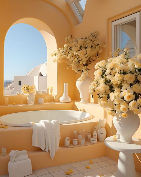 Created in MidJourney. #santorinivilla #santorinigreece #aiinteriors #aidesign #interiordesignstudio #interiors #midjourneyinteriordesign #midjourneyinterior #bathroomideas #bathroomdecor #bathroomdesign #bathroominspiration Pastel Yellow Bathroom, Villa Concept, Pastel Bathroom, Glam Closet, Santorini Villas, Yellow Aesthetic Pastel, Aesthetic Bathroom, Yellow Bathrooms, Yellow Houses