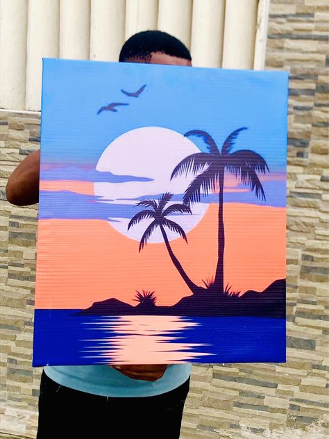 Beach Paintings Easy, Water Painting Easy, Sunset On Water, Kindergarten Syllabus, Beach Paintings, Ganesh Art Paintings, Paintings Easy, Acrylic Painting Inspiration, African Sunset