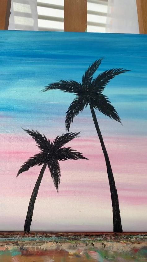 Palm Tree Beach Painting, Acrylic Painting Palm Trees, Painting Palm Trees Acrylics, How To Paint A Palm Tree, How To Draw Palm Trees, How To Draw A Palm Tree, Palm Tree Painting Easy, Palm Tree Canvas Painting, Palm Tree Painting Acrylic