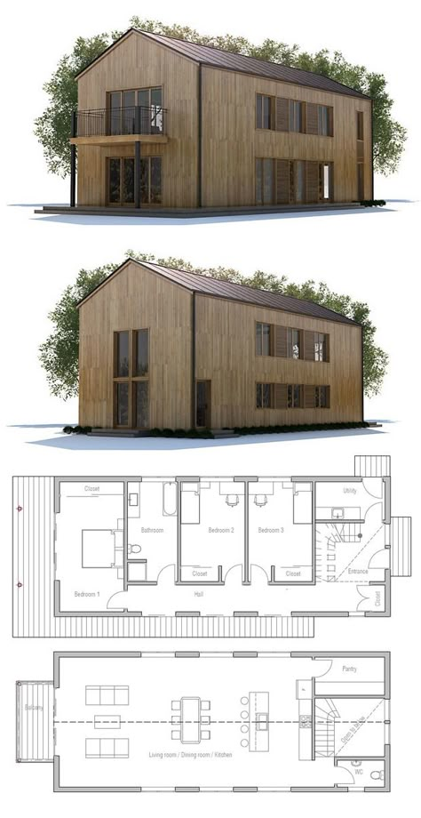 Narrow Long House Design, Narrow House Designs, Mountain Architecture, Narrow House Plans, Small Barndominium, Long House, Narrow House, Small House Plan, Modern Farmhouse Plans