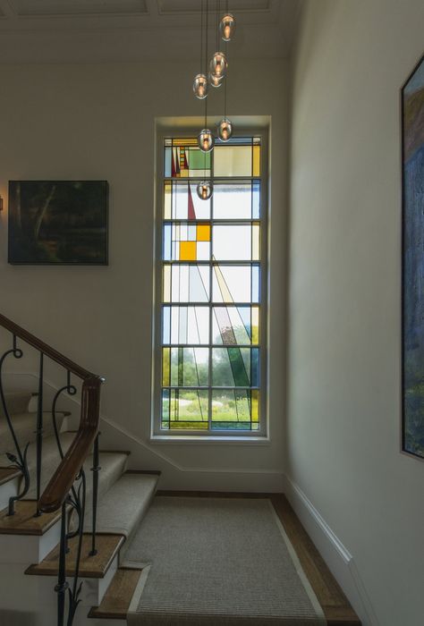 Custom stained glass window panel  Staircase  Contemporary  Mediterranean by Huth Architects Panel Staircase, Farmhouse 2023, Indian Window Design, Stained Glass Window Panels, Staircase Contemporary, Staircase Window, Architect Portfolio, Dormer Bungalow, Window Glass Design