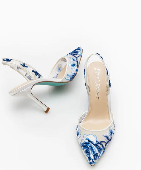 Blue Floral Heels, Blue By Betsey Johnson, Blue Wedding Shoes, Blue Themed Wedding, Floral Heels, Betsey Johnson Shoes, White Heels, Betsy Johnson, Floral Applique