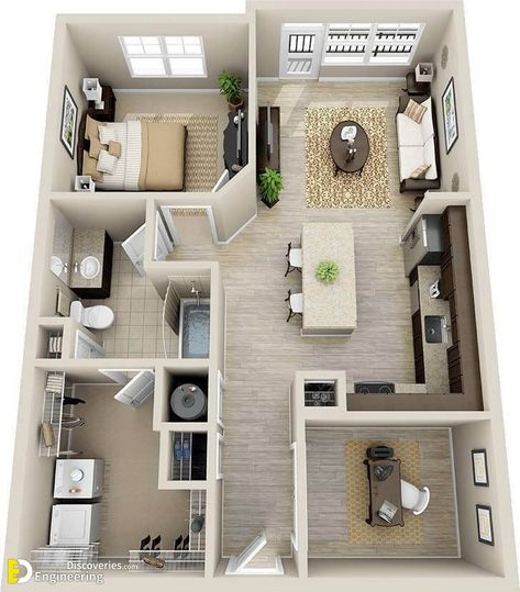 Amazing Top 50 House 3D Floor Plans - Engineering Discoveries One Bedroom House Plans, One Bedroom House, 1 Bedroom House, 3d House Plans, Mansion Floor Plan, Apartment Floor Plans, Home Design Floor Plans, Sims House Plans, Apartment Layout