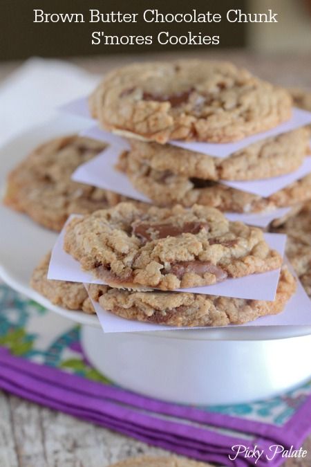 Brown Butter Chocolate Chunk S'mores Cookie Recipe Smore Cookies, Smores Cookies Recipes, Smores Cookie, Small Cookies, Picky Palate, S Mores Cookies, Smores Cookies, Favorite Cookie Recipe, Pure Vanilla