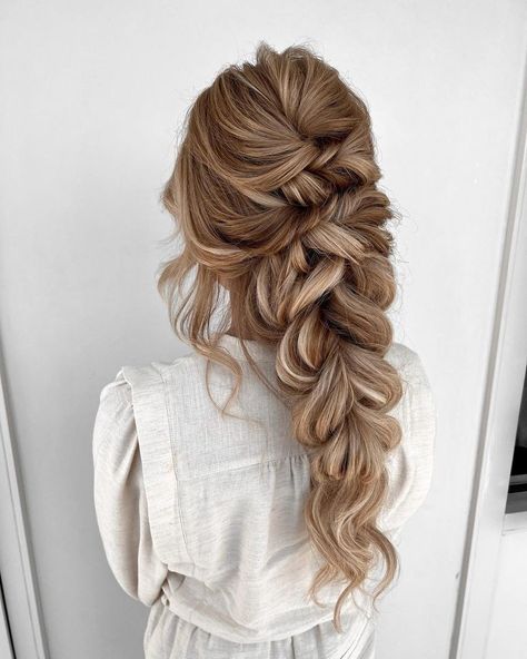 Bridal Hairstyles With Braids Half Up, Half Up Boho Braid Wedding Hair, One Braid Wedding Hair, Braided Hair For Wedding Bridesmaid, Big Braids Hairstyles Wedding, Bridesmaid Hairstyles Braid Down, Braided Bridal Hair With Veil, Bridesmaid Braided Hair, Bridal Hair For Long Hair With Veil