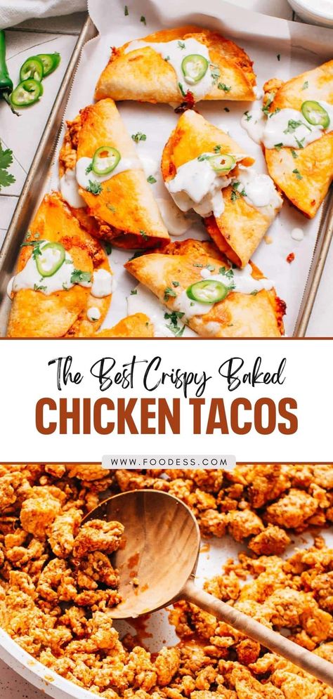 This crispy baked chicken tacos recipe will become your new favorite! These delicious tacos are filled with mexican seasoned ground chicken and melty cheese, creating a flavor-packed meal that everyone will love. Whether it's a weeknight dinner, party, or a weekend fiesta, these baked chicken tacos are sure to be a hit with your friends and family. Find the full tacos recipe (including taco seasoning and taco sauce recipe) on my blog and get ready to enjoy a fiesta of flavors in every bite. Baked Ground Chicken Tacos, Quick Taco Recipes, Baked Chicken Tacos Recipe, Taco Sauce Recipe, Veg Tacos, Taco Sauce Recipes, Oven Baked Chicken Tacos, Ground Chicken Tacos, Fish Tacos With Cabbage