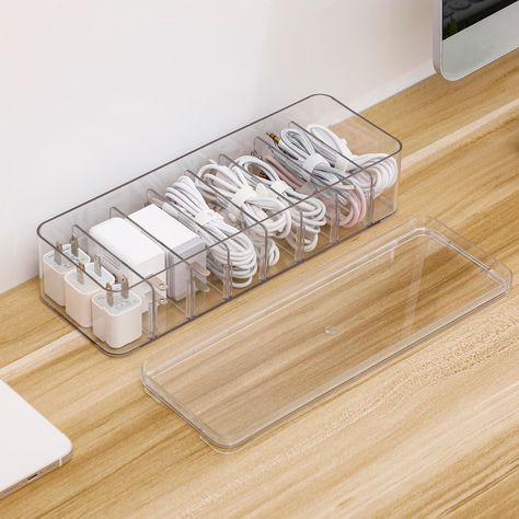 PRICES MAY VARY. Dimension --- Brand new plastic cable organizer box with adjustable compartments, the overall dimension with Lid: 10” x 3.3” x 2.6” ( L x W x H ); the compartment dimension: 3.3” x 1” x 2” ( L x W x H ) . Material --- Tahaje cable management box for desk drawer is made of premium plastic material, which is lightweight and compact, sturdy and durable for long lasting use. Heavy duty plastic home office supplies organizer is stylish and modern decor, simple and practical, saving s Cable Organization Storage, Charging Cord Organization, Organize Charging Cords, Teen Desk Organization, Desk Organization Ideas Aesthetic, Cord Organization Storage, Desk Drawer Organization, Small Home Organization, Desk Organizer Ideas