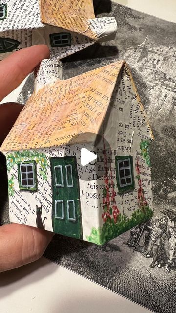 Heinz & Brummel on Instagram: "Paper cottage made of old book pages 🏠📚 • • • #paperhouse #papercraft #papertober #paperlove #oldbookpages #tinyhouse #cottagedreams #papiermache #heinzundbrummel" Paper House Decorations, Paper Mache House, Diy Old Books, Craft Cottage, Mother Earth Art, Old Book Crafts, Cottage Crafts, Paper Collage Art, Paper Mache Sculpture