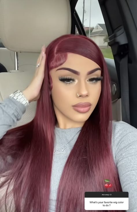 Burgundy Hair And Eyebrows, Red Front Pieces Of Hair, Bhad Bhabie Red Hair, Brown Hair With Red Money Piece, Cherry Red Hair On Brown Skin, Red Hair Makeup Ideas, Red Hair On Brown Skin, Stacey Rosado, Wavy Frizzy Hair