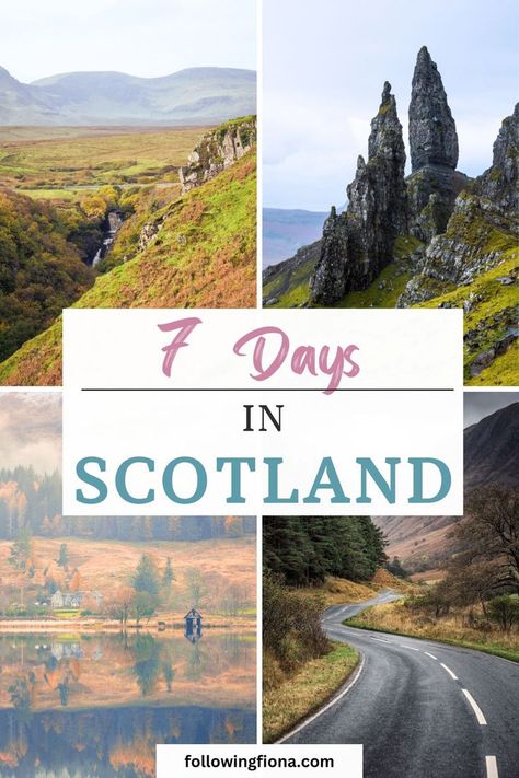 4 images of Scotland including a tall rock formation, a road with hills on both sides, and a lake in autumn Outlander Locations, Trip To Scotland, Scotland Road Trip, Cairngorms National Park, Visit Scotland, Voyage Europe, European Destinations, Trip Itinerary, Road Trip Itinerary