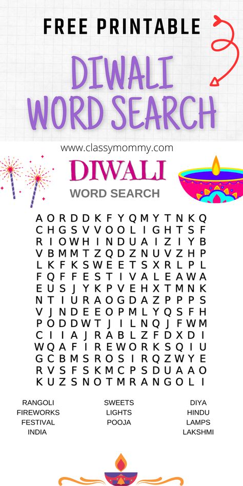 Easy Free Printable Diwali Word Search including 11 Diwali themed terms about this festive holiday. Free printable word search worksheet. Diwali Free Printables, Diwali Homework, Diwali Printables, Diwali Games, Diwali Drawing, Free Printable Word Searches, Word Search Games, Writing Lines, Diwali Party