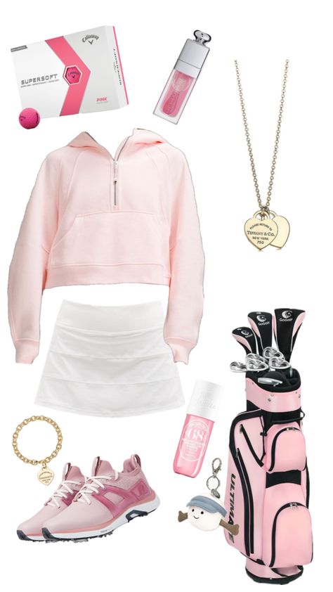 pink golf fit #foryoupage #fyp #golf #pink #soldejaneiro #jellycat #lululemon Lululemon Golf Outfit, Pink And Green Golf Outfit, Golf Jellycat, Cute Girl Golf Outfits, Golf Pink Aesthetic, Pink Golf Outfit, Pink Golf Bag, Pink Moisture-wicking Golf Top, Pink Golf Balls